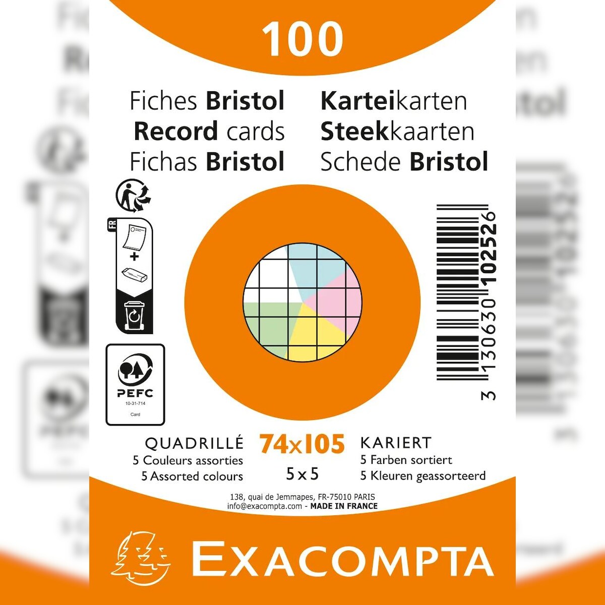 Exacompta 10252E 40x Karteikarten A7, Packung mit 100 Stück eingeschweißt, kariert, nicht gelocht, Farben sortiert - Farben sortiert Image