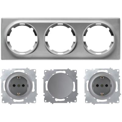 2x Schuko-Steckdose und Lichtschalter mit Abdeckrahmen 3fach, unterputz, waagerecht, grau Image