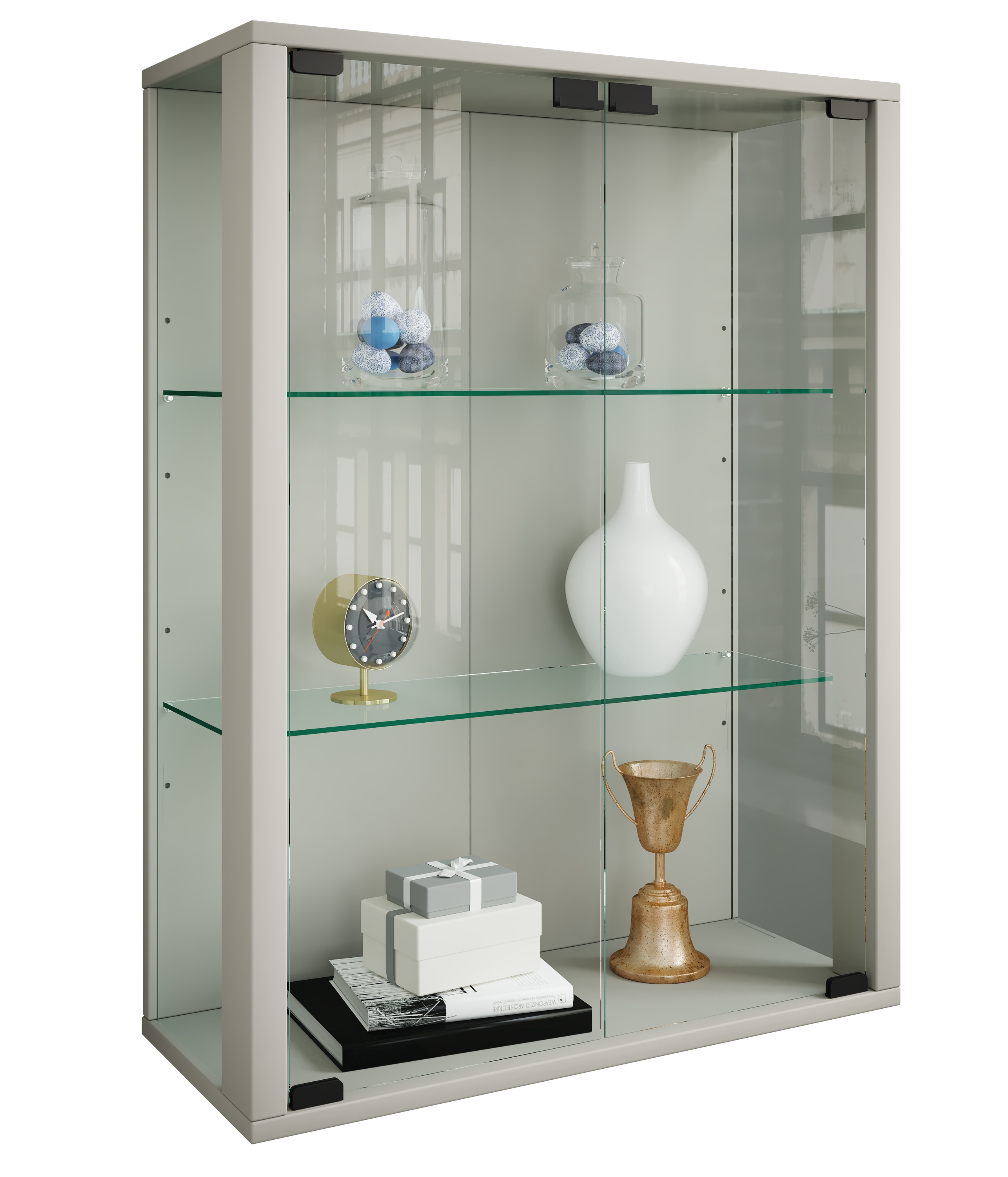 Wandregal VCM "Wandvitrine Hängevitrine Glasvitrine Glas Udina M" Gr. 60, silber, B:60cm H:80cm T:25cm, Regale, Wandregal