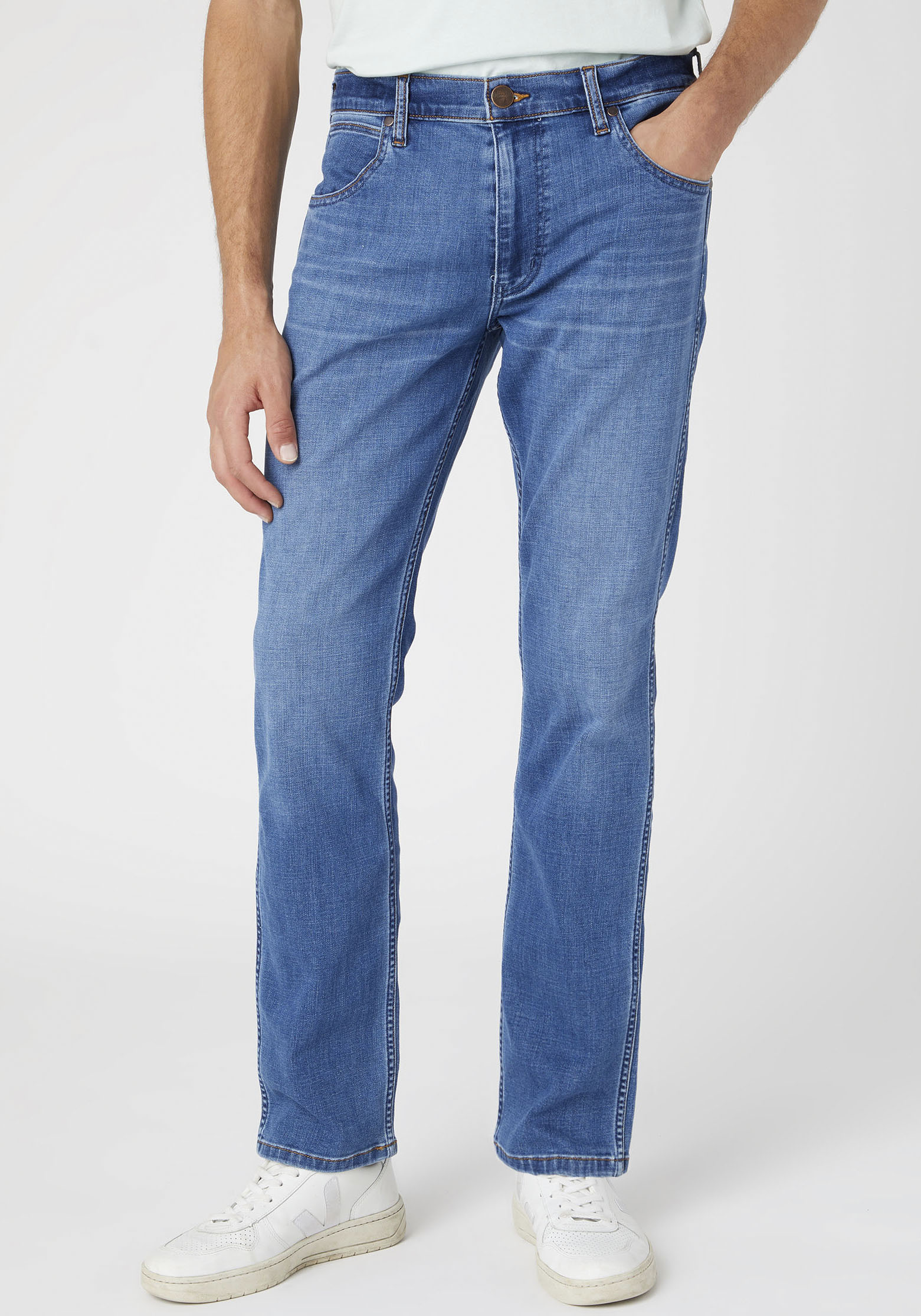 Stretch-Jeans WRANGLER "Greensboro", Herren, Gr. 34, Länge 34, blau (softwear), Denim/Jeans, Obermaterial: 76% Baumwolle, 11% Polyester (REPREVE), 11% sonstige Fasern, 2% Elasthan, straight fit lang, Jeans, Regular Straight fit