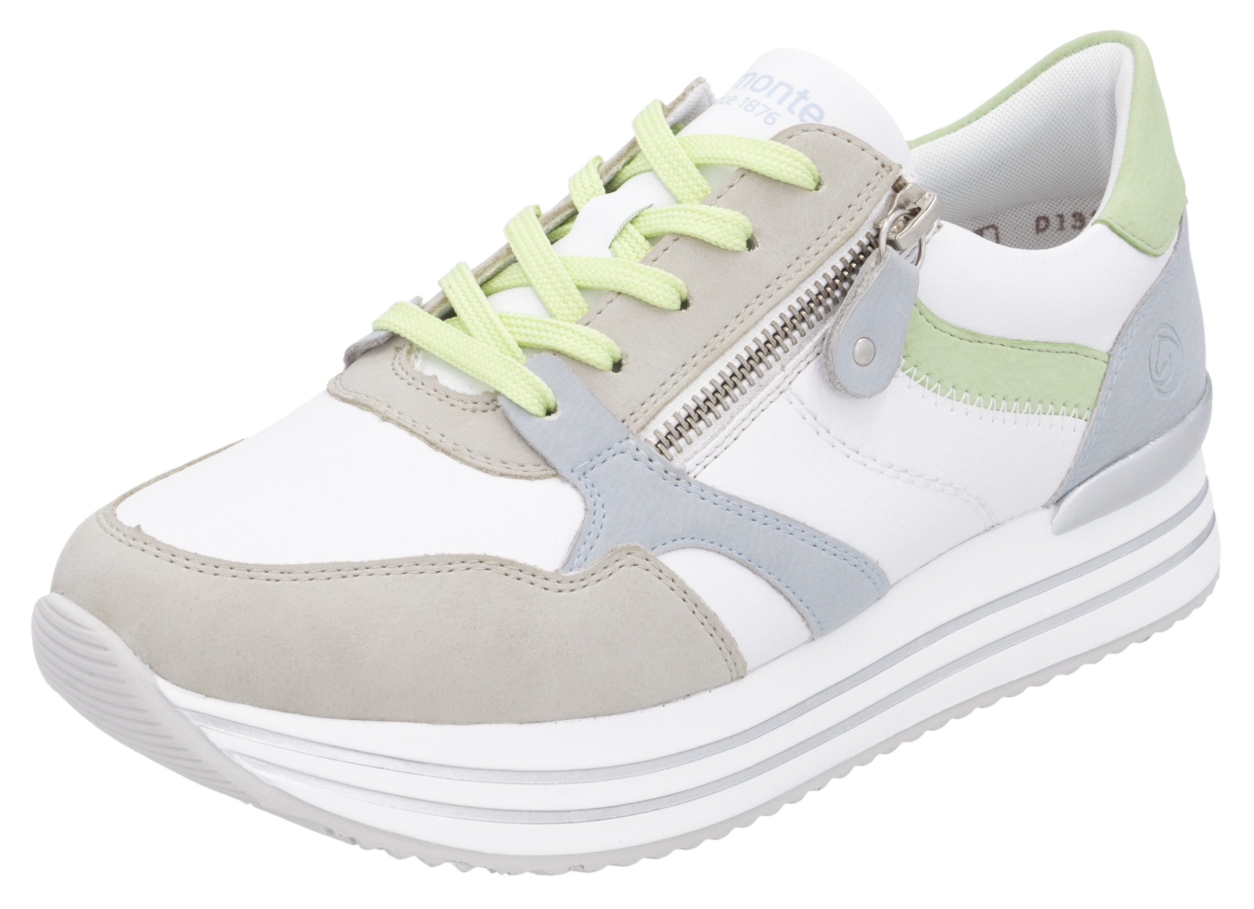 Plateausneaker REMONTE, Damen, Gr. 41, weiß (weiß, pastell), Leder, Lederimitat, kontrastfarbene Details, Schuhe Plateausneaker, Freizeitschuh, Halbschuh, Schnürschuh mit loser Soft-Einlage
