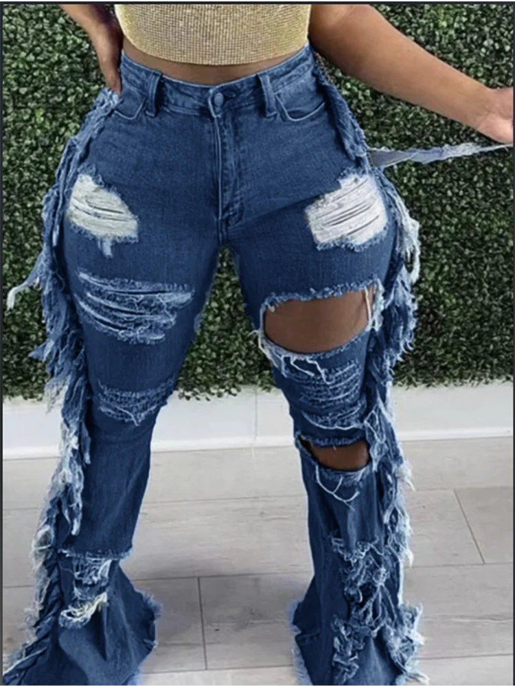 Blue Pocket Ripped Pants Women's Jeans Street Hip-hop Sexy Trousers Fashion Autumn Bell Bottom Pants