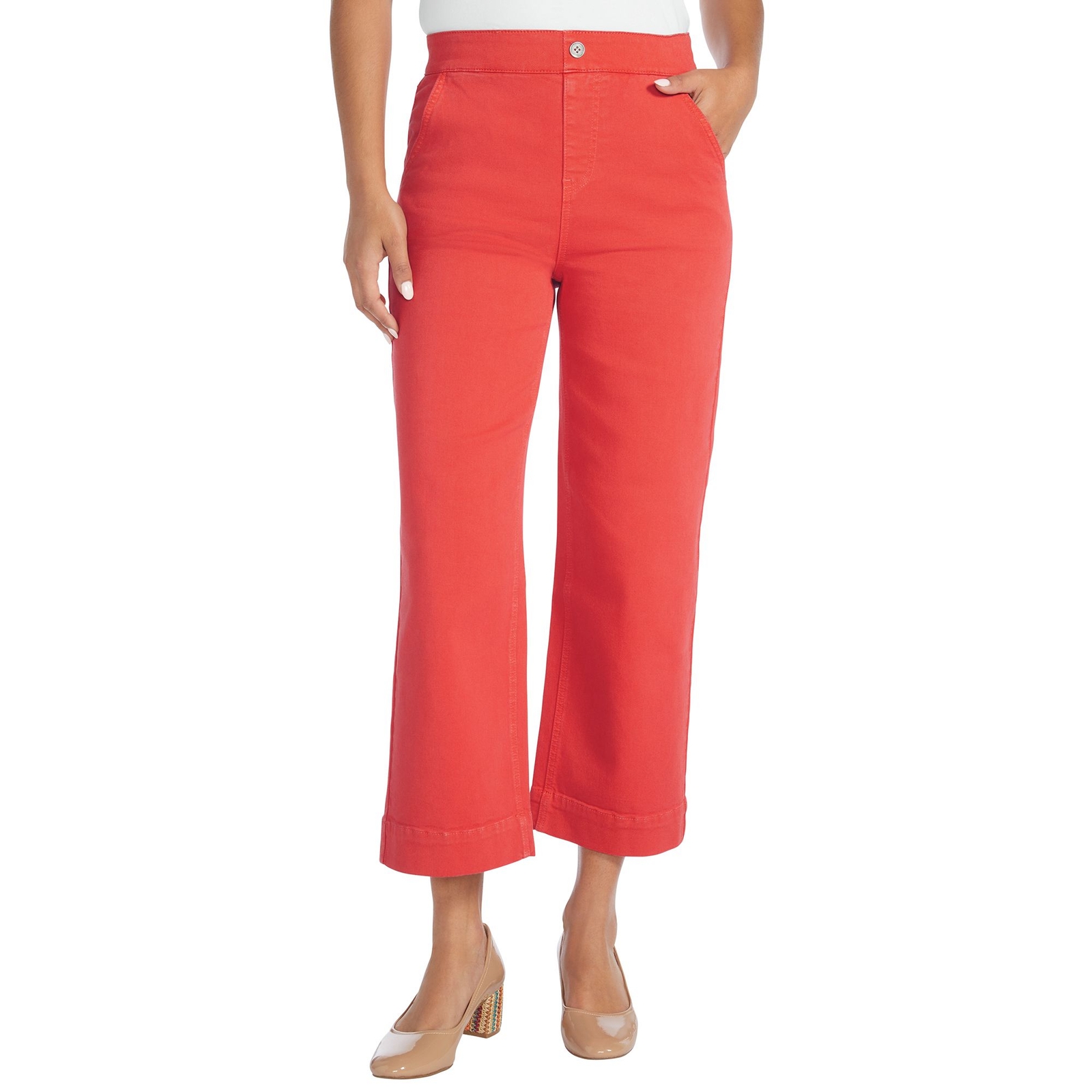 Masseys Cropped Wide-Leg Pant (Size 16) Poppy Red, Cotton,Elastine,Polyester,Rayon