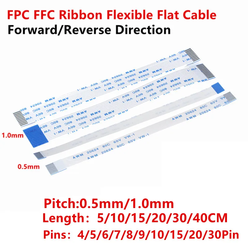 10 Stück 4Pin 5/6/7/8/9/10/15/20/30/40 Pin FFC FPC AWM 20624 80C 60V VW-1 0,5mm 1mm Pitch flaches flexibles Kabel 5/10/15/20/25/30/40cm Image