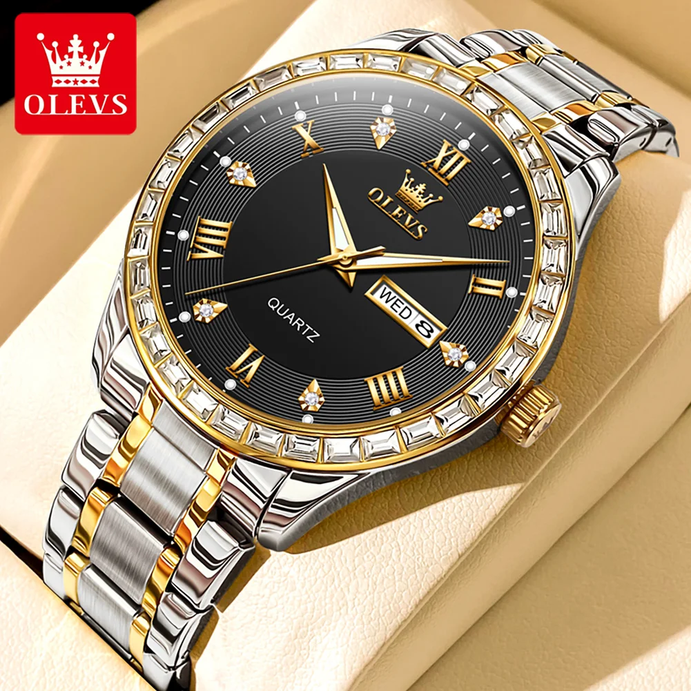 OLEVS 9906 Herrenuhr Marke Mode Original Quarz Uhren Für Männer Zirkon Lünette Wasserdicht Leucht Dual Kalender Uhr Reloj Image