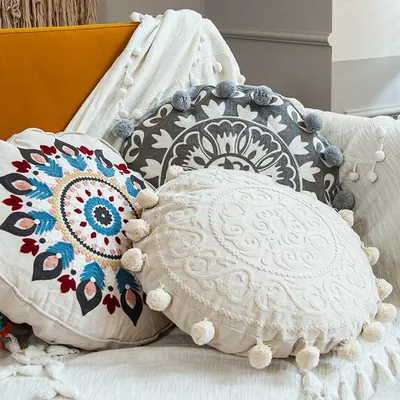 Marokkanischer ethnischer runder Kissenbezug, Mandala-Blumenstickerei, Heimdekoration, Wohnzimmer, Image