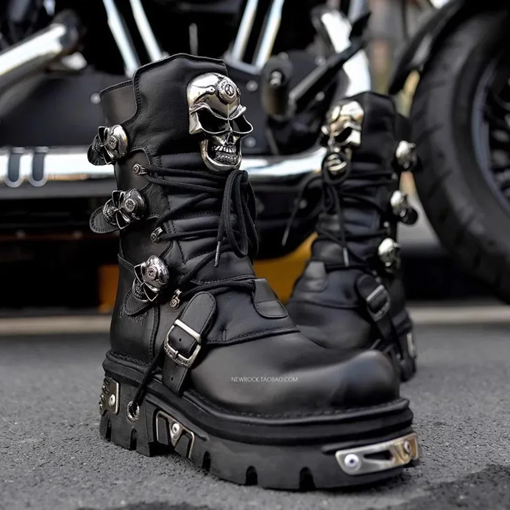 Fashion Echtes Leder Motorrad Stiefel Design Neue Frauen Silber Schädel Teufel Goth Männer Punk Metallic Western Kampf Stiefel Plus48