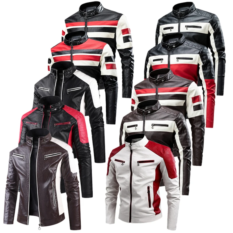 2025 Nuovo colore bloccato colletto rialzato giacche da bici da moto in pelle PU per uomo, cappotto in PU casual sottile primavera autunno multicolore
