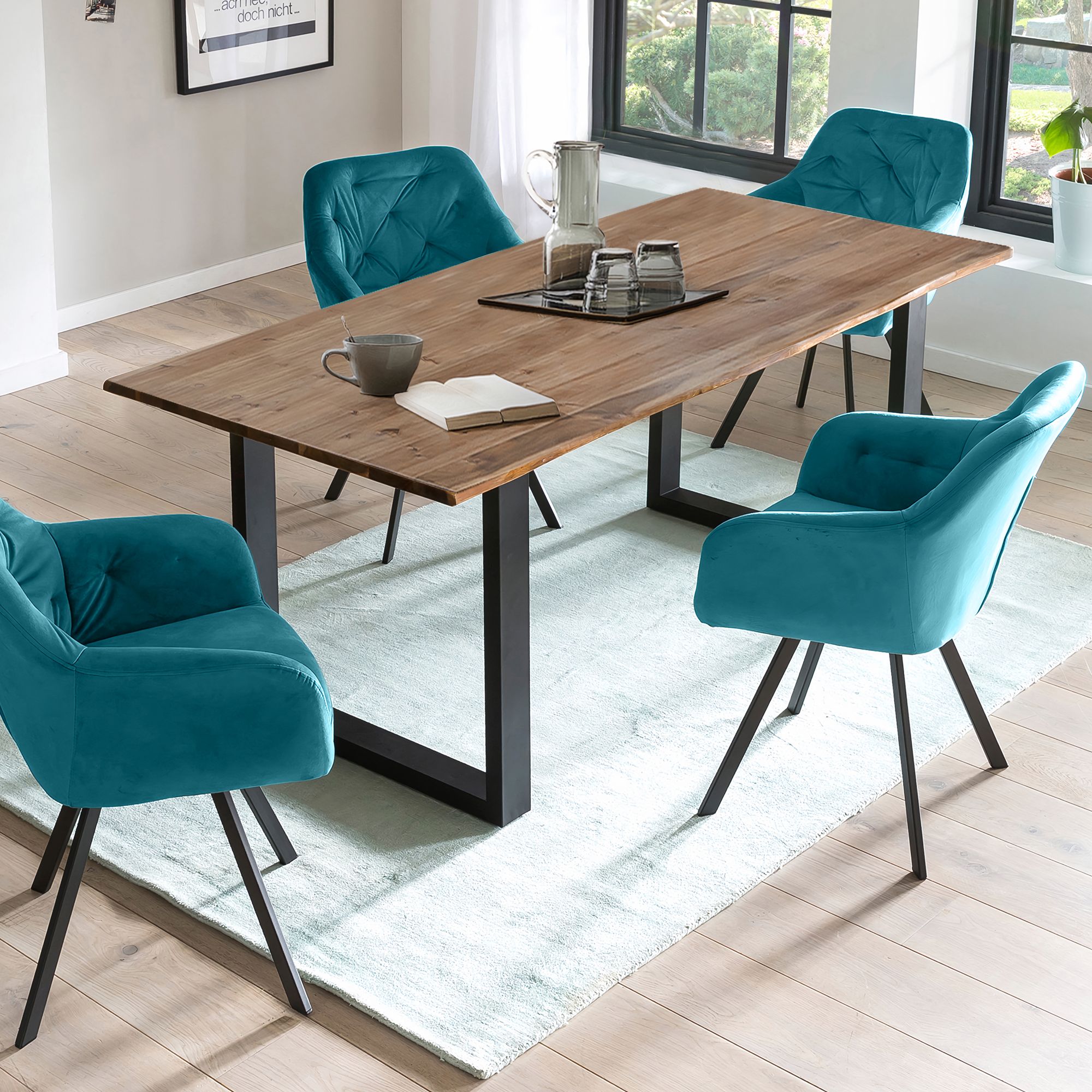 SalesFever »Layne-Fiona« Esszimmergruppe Akazie türkis Esstisch 180x90 cm