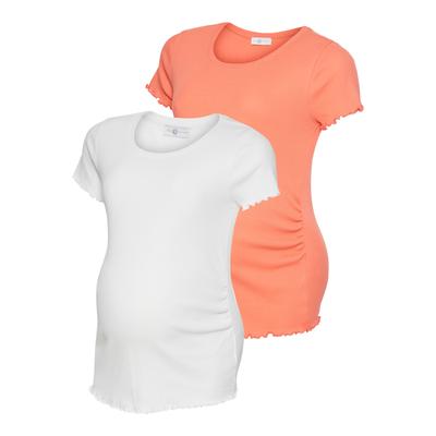 Umstandsshirt NEUN MONATE "2er Pack Schwangerschafts-Shirts", Damen, Gr. 44/46, aprikot, weiß, Rippware, Obermaterial: 100% Baumwolle, unifarben, Basic, Basic, Rundhals, Kurzarm, Shirts, T-Shirts für Schwangerschaft und danach Image