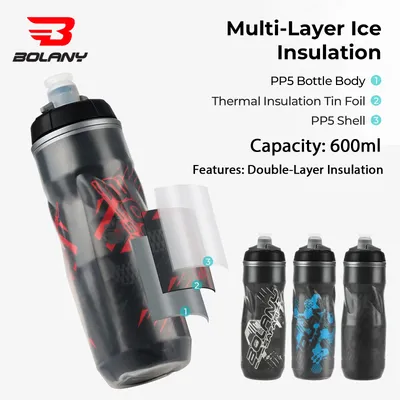 BOLANY Bicycle 600ml Water Bottle Squeeze Out Water PP5 Double Layer Heat And Ice-Protected GYM
