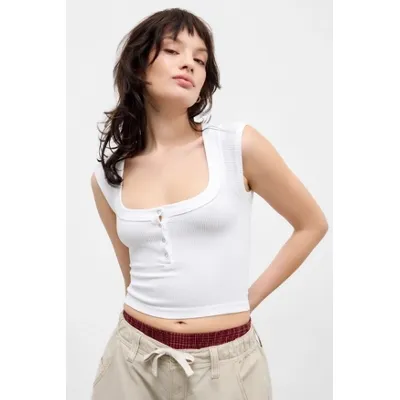 Out From Under Square Neck Henley Top - White L/XL at Urban Outfitters