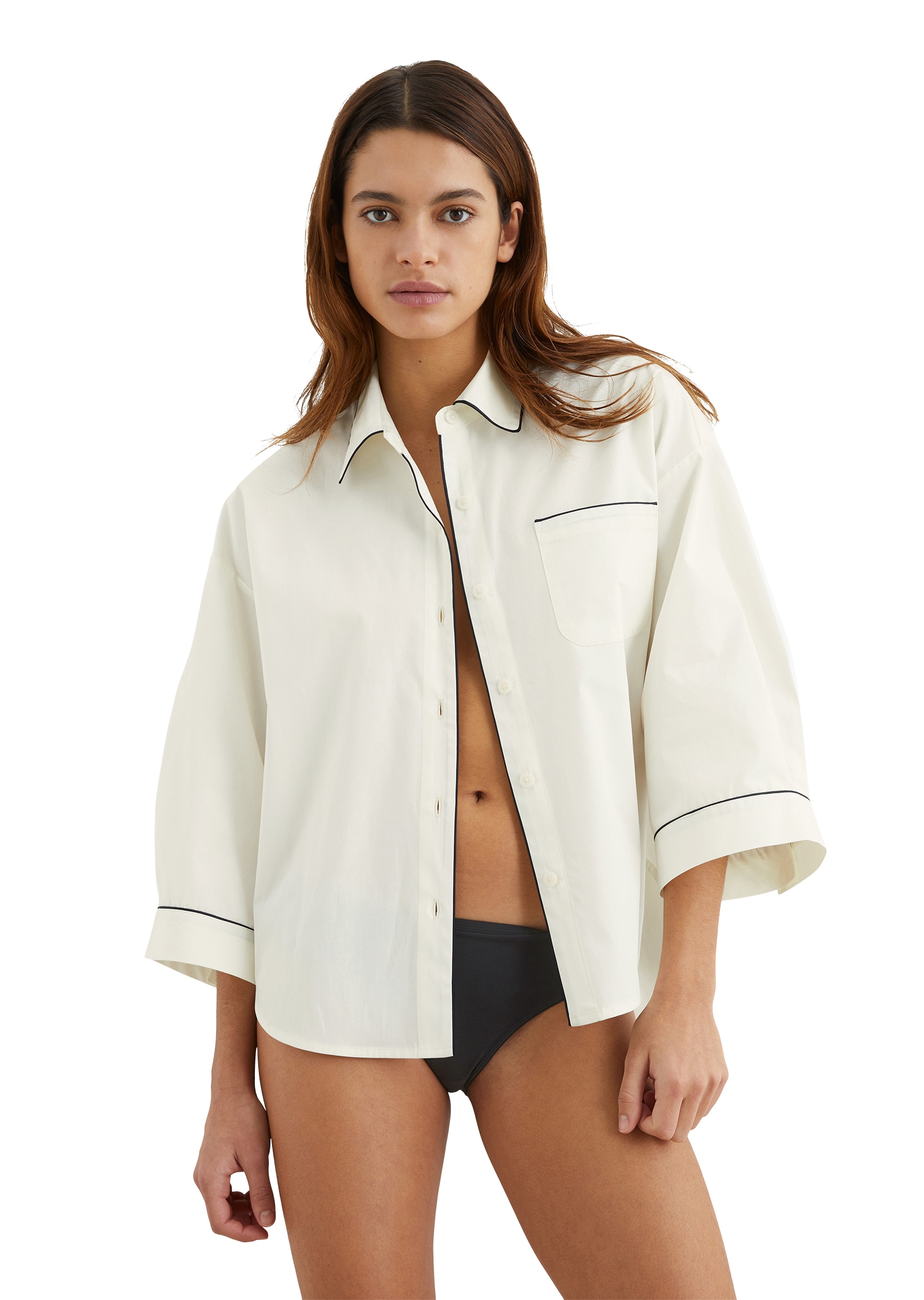 Pyjamaoberteil MARC O'POLO "Mix & Match Poplin", Damen, Gr. M, weiß (weiß cotton), Stoff, Obermaterial: 100% Baumwolle, unifarben, oversize hüftbedeckend, ohne Ausschnitt, mit Umschlag mit Knöpfen,mit Schlitz, Shirts, kontrastfarbene Pipings,...