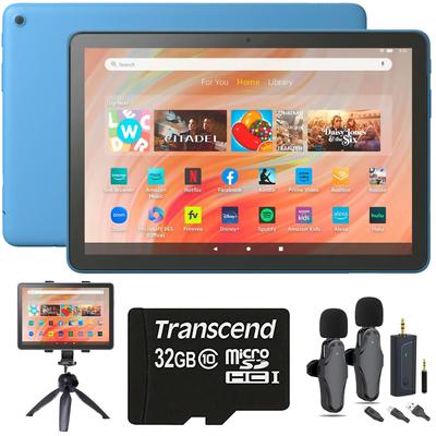 Amazon Fire HD 10 10.1" 32GB Wi-Fi Tablet, 13th Gen, Ocean + Vidpro 2-Person Wireless Lavalier Microphone Set Bundle