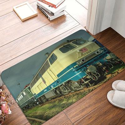 TEMU Machine Washable Rectangle Flannel Doormat With Non-slip Backing - Polyester, Lightweight Indoor Entrance Rug, Featuring Vintage Train Design For Home Decor Image