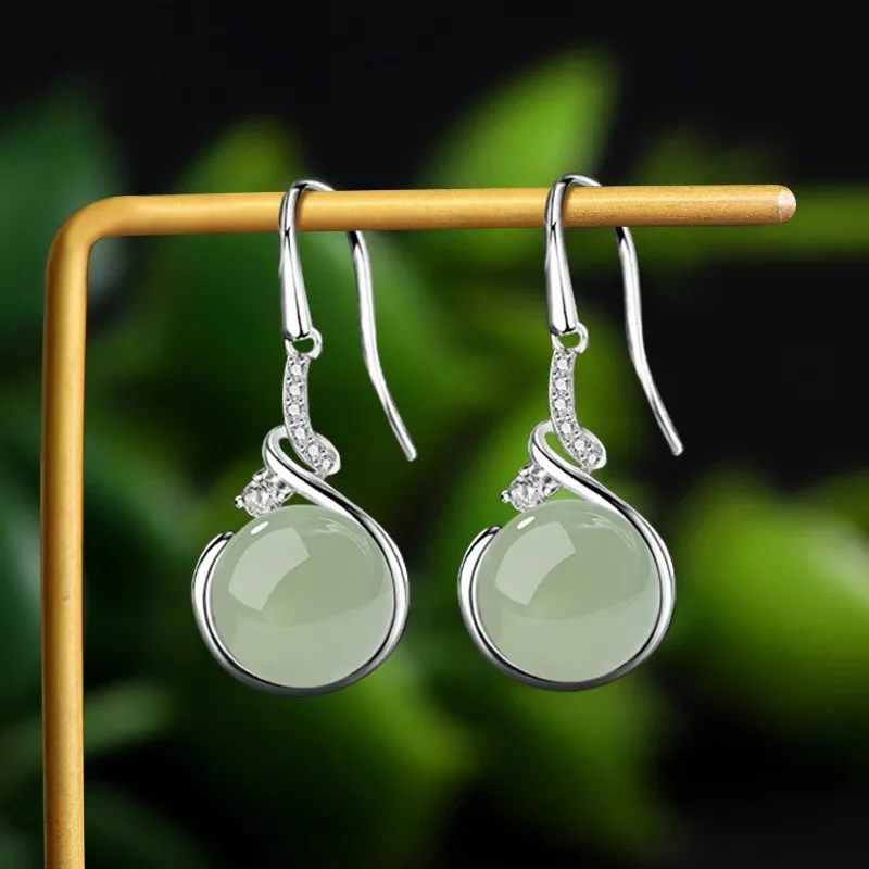 PANJBJ 925 Sterling Silber Jade Tropfen Ohrring für Frauen Zirkon Runde Klassische Gnade Ethnischen Schmuck Jahrestag Geschenk Dropshipping Image