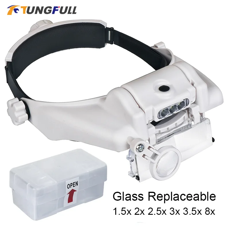 LED-Stirnbandlupe, professionelle Lupen, freihändige Lupe, Uhr, elektronische Reparatur, Lupe, Juwelierlupe Image