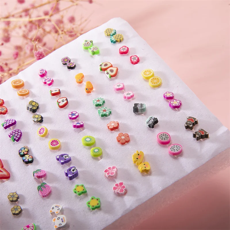50 Paare/satz Mixed Stil Ton Stud Ohrringe Set Frauen Mädchen Kleine Kunststoff Tiere Obst Ohrringe Set Schmuck Geschenke Image