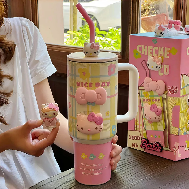1200 ml Hellokitty 304 Edelstahl Isolierte Flasche Rosa Blau Gitter Kaffeetasse Kalter Und Heißer Becher Thermo Wasserflasche Becher Geschenk Image