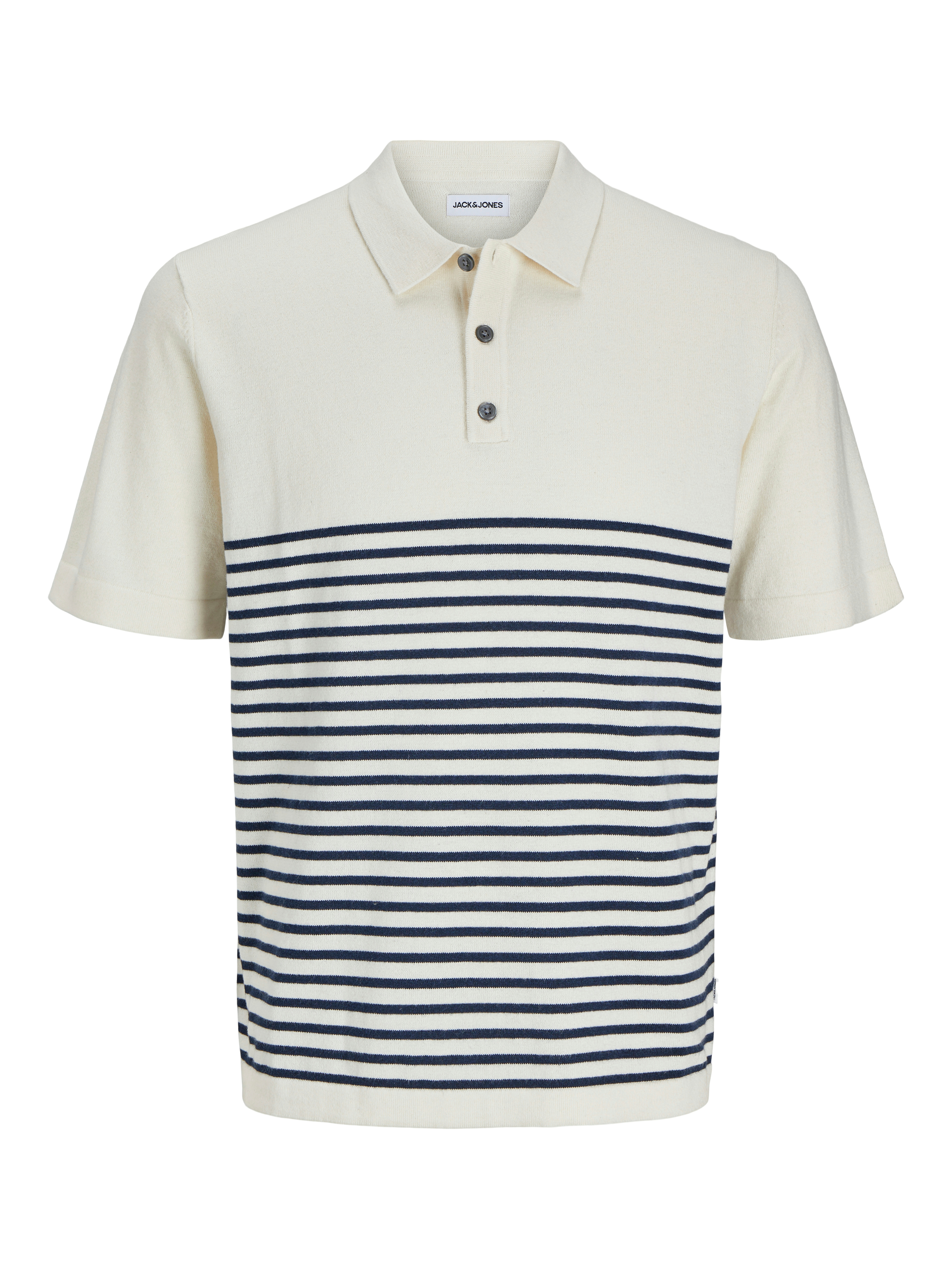 Kurzarmpullover JACK & JONES "JJEEMIL KNIT RELAXED POLO SS SN", Herren, Gr. L, cloud dancer stripes:with navy blazer, Strick, Obermaterial: 60% Baumwolle, 20% Nylon, 20% Viskose, gestreift, regular fit taillenbedeckt, ohne Ausschnitt, gerader...