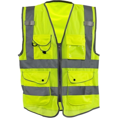 NEIKO Safety Vest with Pockets 9 Pocket High Visibility Vest Reflective Strips Zipper Front Reflective Vest For Men & Women Work Vest Security Vest Hi Vis Mesh Neon Yellow Vest X-Large 54062A