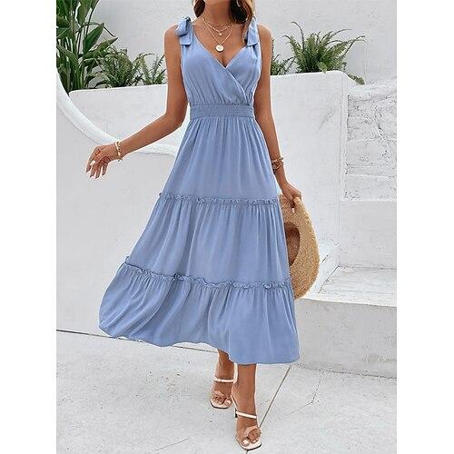 Damen kleid lang Casual kleid skims dress Basic Brautkleider schlicht Urlaub Täglich Regular Fit Glatt Ärmellos V Ausschnitt Blau Sommer