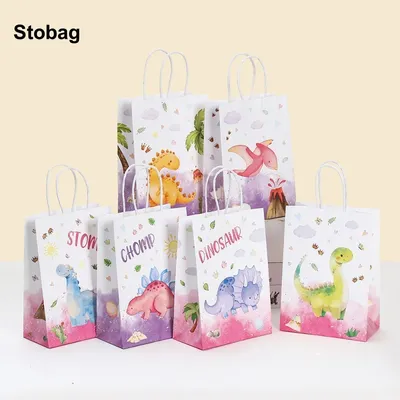 StoBag 24pcs Cartoon Dinosaur Kraft paper Gift Tote Packaging Bags Children for Candy Storage Baking