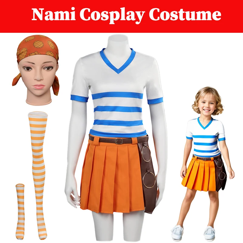 Nami Cosplay Erwachsenen Kinder Kostüm Anime Live-Action TV Piraten Rollenspiel Outfits Frauen Tops Rock Socken Kopftuch Halloween Anzug Image