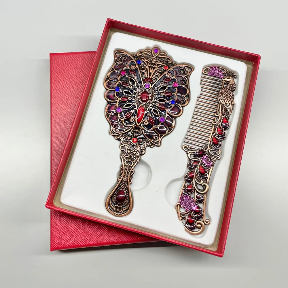 2 teile/satz Vintage Spiegel Und Kamm Set Pfau Blume Dekorative Spiegel Kamm Tragbare Make-Up Spiegel Kamm (strass Farbe Zufällig) Image