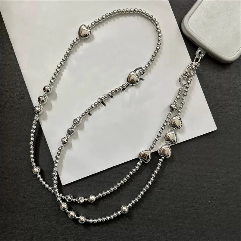 Korea süße Silber Liebe Herz Perle schräge Spanne Kette Telefon Armband Charme Kette Knoten Handy Lanyard Schlüsselbund Tasche lange Lanyard Image
