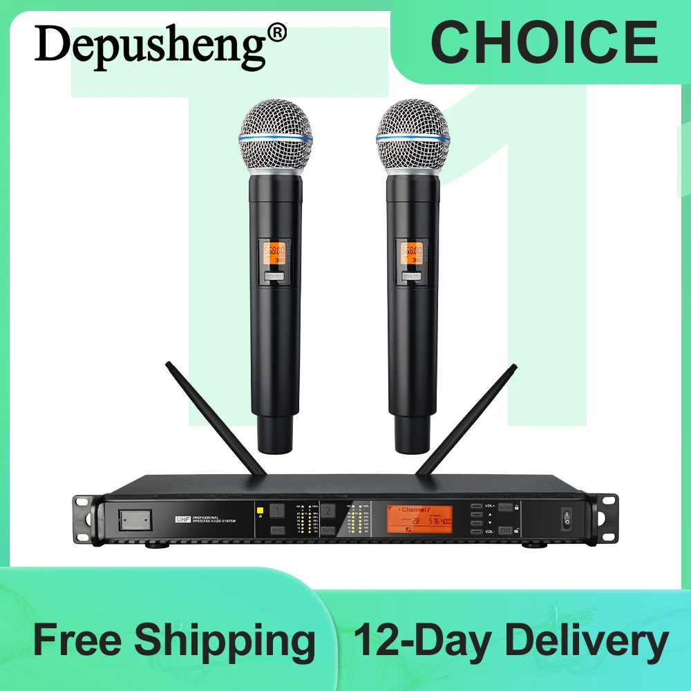Depusheng T118 Professionelles kabelloses Mikrofonsystem mit 2 Handmikrofonen für Proformance, Karaoke, Party, Sprache, Gesang Image