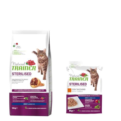 10kg Sterilised mit Rohschinken Natural Trainer Katzenfutter trocken + 12x85g passendes...