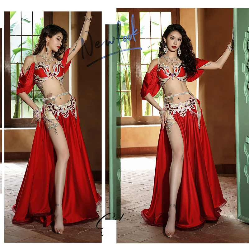 Bauchtanz-Performance-Kostüm für Damen, Diamant-Quaste, Retro, 2-teiliges Set, Oberteil + langer Rock, Bauchtanz-Anzug, Übungskleidung Image