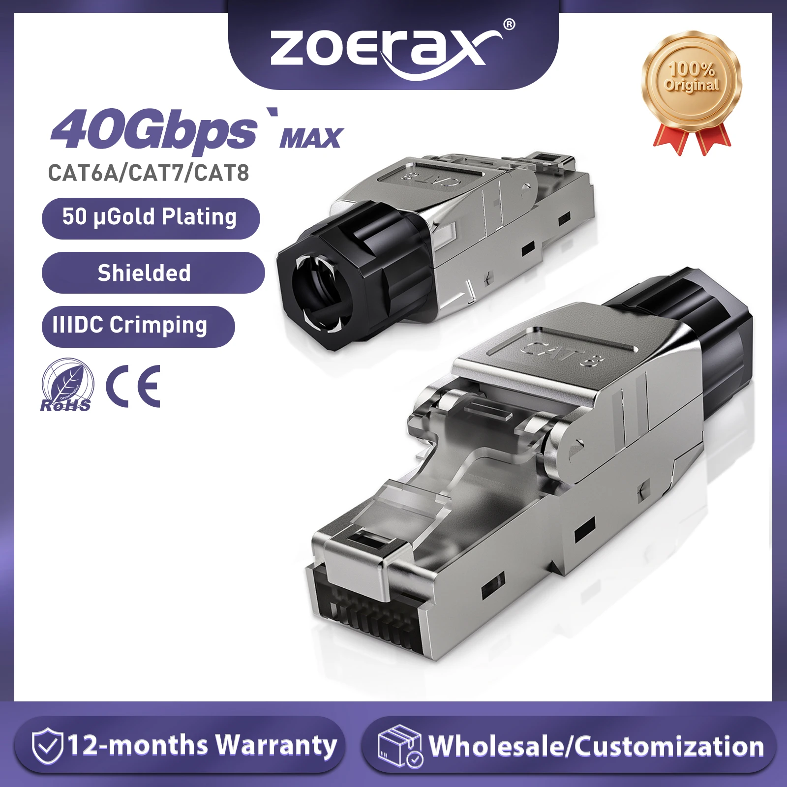 ZoeRax Werkzeugloser RJ45-Ethernet-Anschluss, vergoldeter Stecker, abgeschirmter Ethernet-Anschluss für Cat6A, Cat7, Cat8, kompatibles POE STP Image