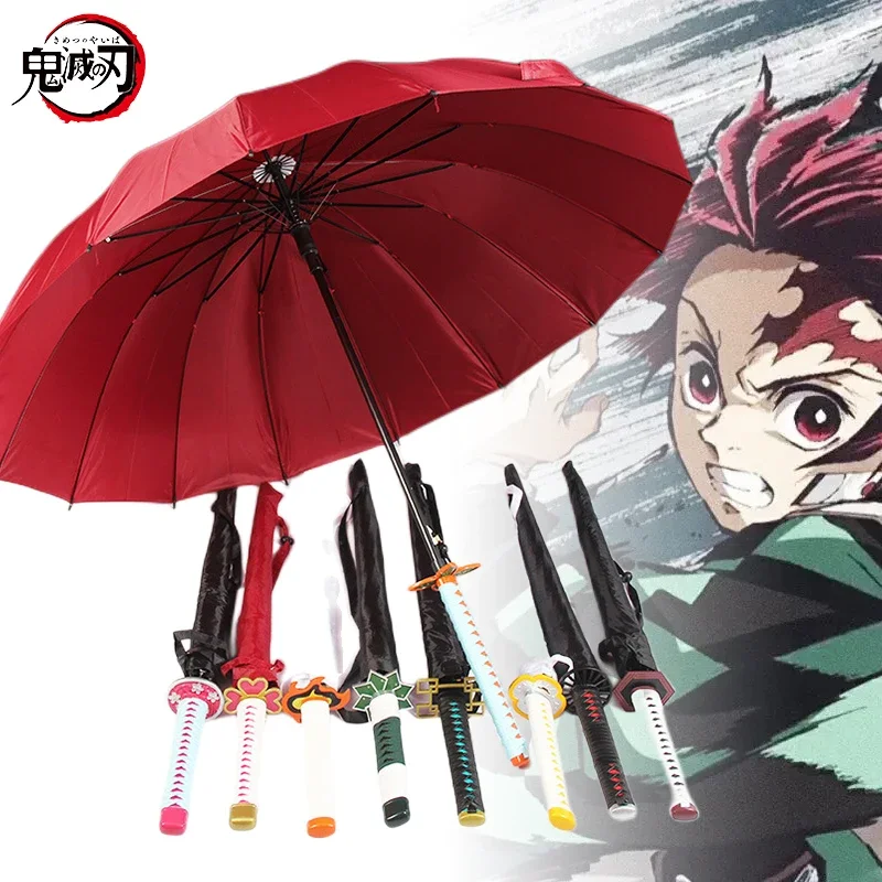 Dämonentöter Katana Griff Regenschirm Tanjiro Lange Griff Katana Suord Regenschirme Dämonentöter: Kimetsu no Yaiba Japanischer Samurai Suord Sonnenschirm Image