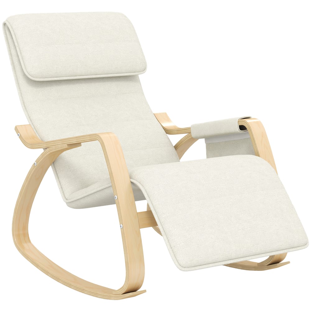 Fauteuil à bascule repose-pied réglable rangement bois tissu beige