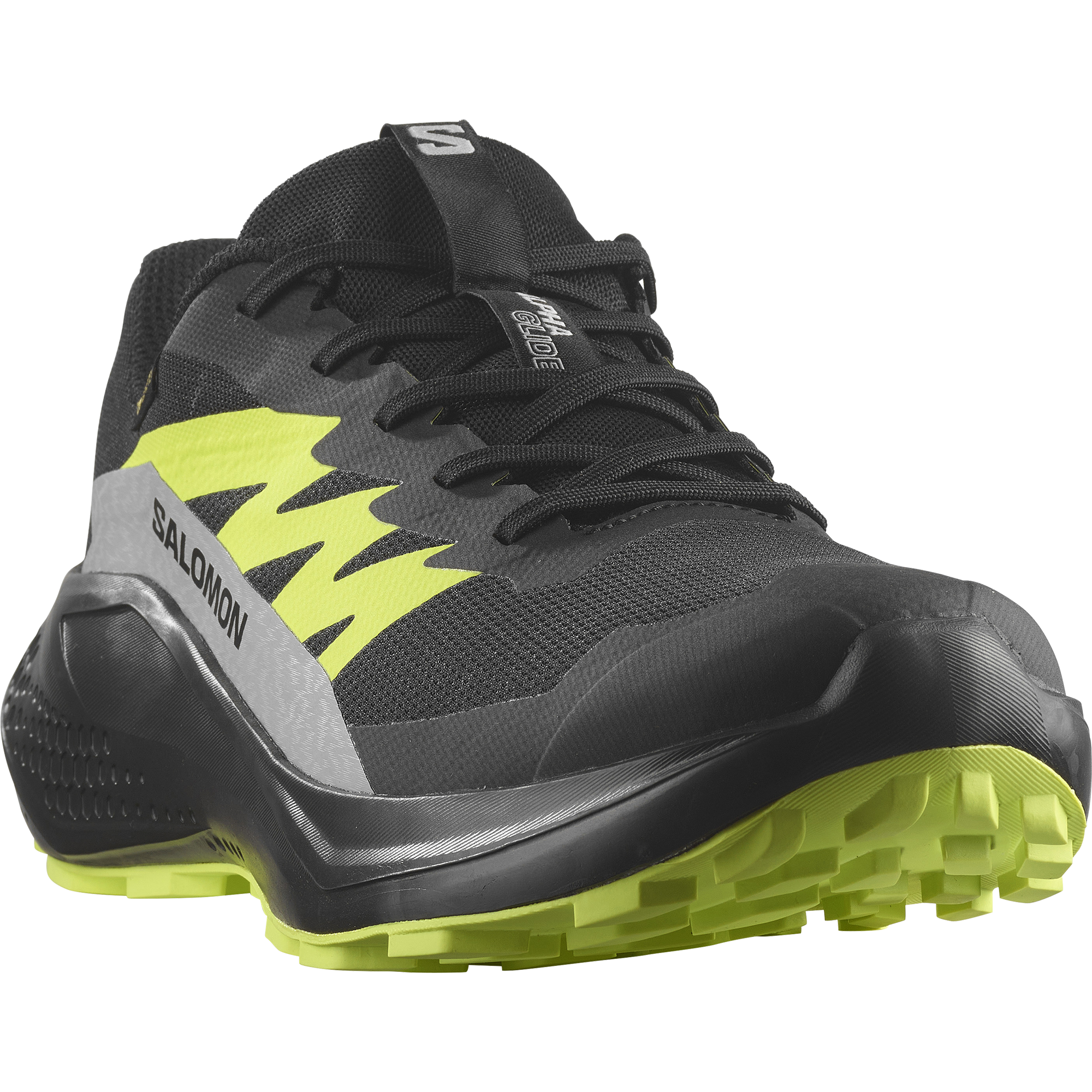 Trailrunningschuh SALOMON "ALPHAGLIDE GORE-TEX", Herren, Gr. 43, schwarz, alloy, sharp grün, Synthetik, Textil, Schuhe, wasserdicht