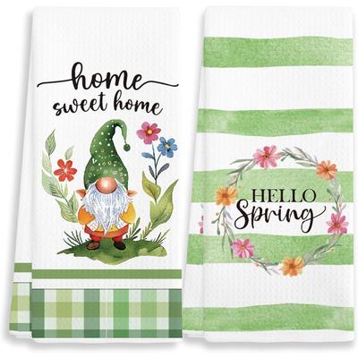 "TEMU 2pcs Decorative Towels 18x26 Inch - "" & "sweet Home" Floral & Gnome Design, Polyester, Machine Washable, Modern Cartoon Style Gift For Colleagues, Gnome Kitchen Towels, Towel Design" Image
