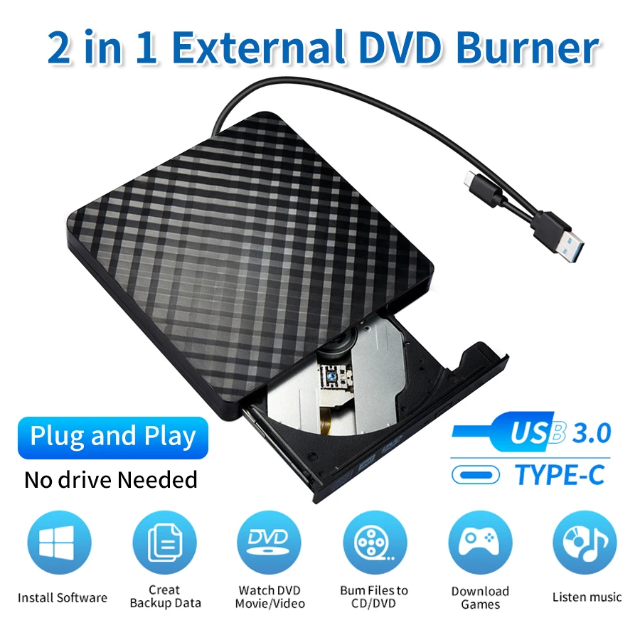 2 in 1 USB 3,0 Typ C schlanke externe DVD-Brenner RW CD Writer Drive Reader Player optische Laufwerke für Laptop PC DVD Porta til Image