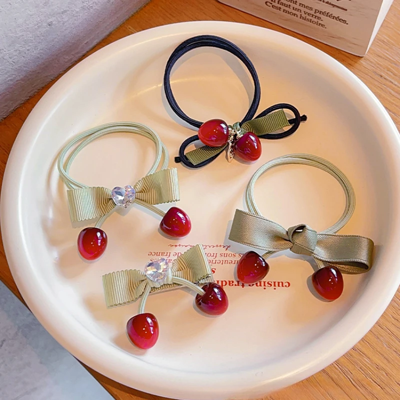 2024 neue Kinder süße Kirsche hoch elastische Haar bänder Baby Mädchen niedlichen Bowknot Ornament Haars pangen Haarnadeln Kinder Haarschmuck Image