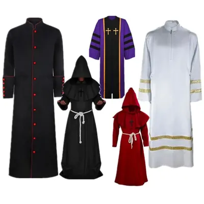 Männer Retro Kirche Mittelalterlichen Gebet Robe Kleid Retro Priester Mönch Missionar Cosplay Mantel Langen Mantel Kostüm Halloween Party Anzug Image