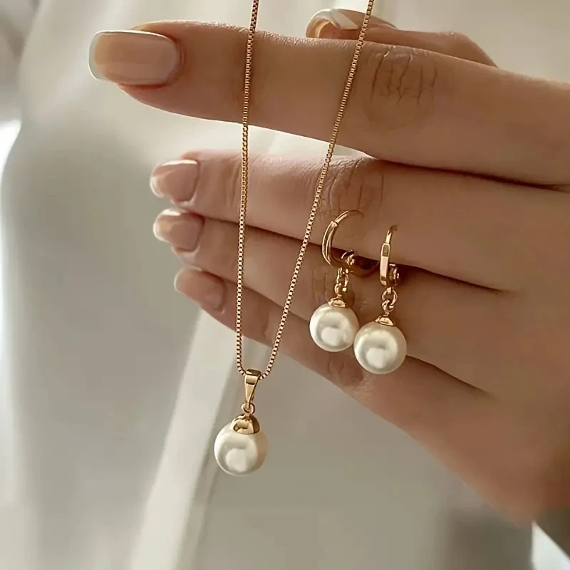 Mode Elegante Imitation Perle Anhänger Schmuck-Set für Frauen Vintage Gold Farbe Kette Halskette Ohrring Mädchen Hochzeit Party Geschenke Image