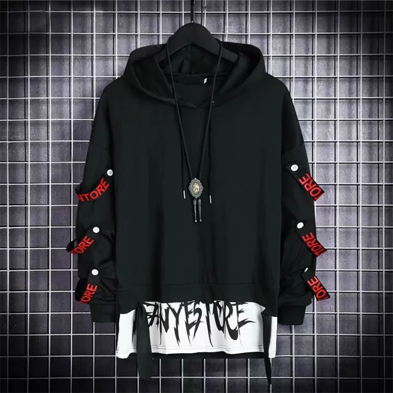 Herren Hoodies Sweatshirt Herbst lässig schwarz Techwear Hip Hop Harajuku Hoodie Herren Bänder Patchwork japanische Streetwear Darkwear