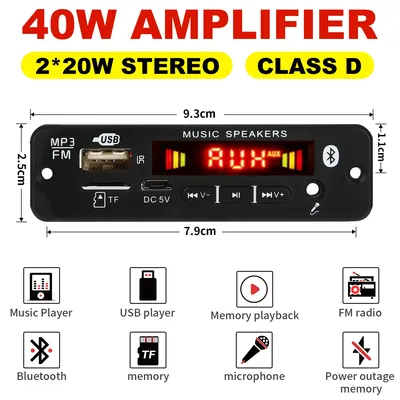 DC 12V Bluetooth 5.0 MP3 Decoding Board 40W Amplifier Audio DIY MP3 Player Car FM Radio Module TF 3.5mm Mic USB Record Call