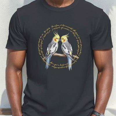 TEMU 1pc Men's Casual Crew Neck T-shirt With Geometric Cockatiels Illustration - Polyester Knit Fabric With Stretch, Regular Fit Short Sleeve Tee For Summer Image