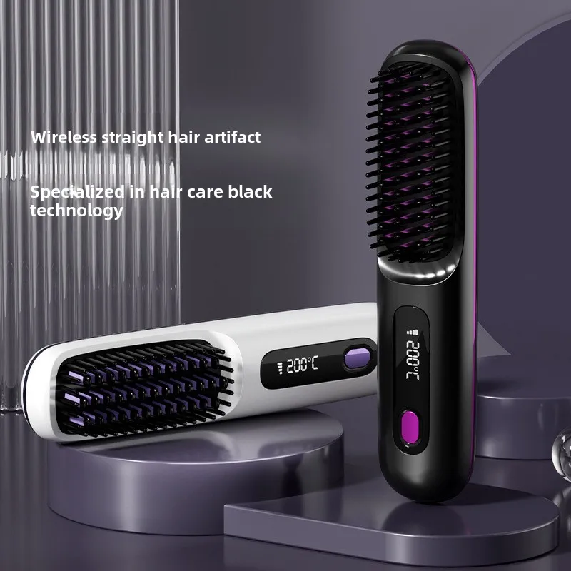 LCD Glattes Haar Kamm Tragbare Reise Haarglätter Anti-Verbrühungen Beheizte Styling Pinsel USB Lade Cordless Haarglätter Image