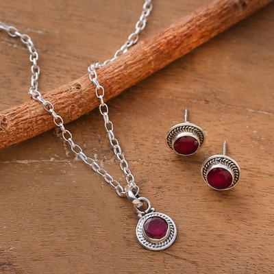 '2-Carat Faceted Round Ruby Necklace and Earrings Jewelry Set'