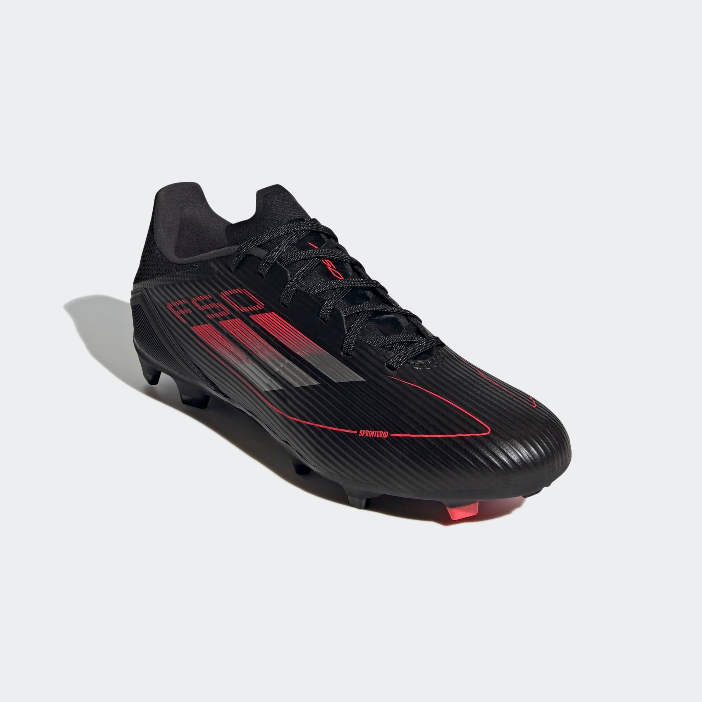 Fußballschuh ADIDAS PERFORMANCE "F50 LEAGUE FG/MG", Gr. 44,5, schwarz (core schwarz, iron metallic, lucid rot), Synthetik, Textil, Sportlich, Schuhe, für Rasenplätze
