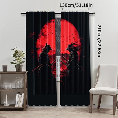 TEMU 2pcs Japanese Ink Painting Curtains, Semi-sheer Polyester With Rod Pocket, Contemporary Style, Decorative Drapes For Bedroom, Living Room, Machine Washable Home Decor Image