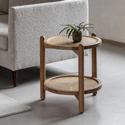 Chico Round Side Table with Rattan Shelf